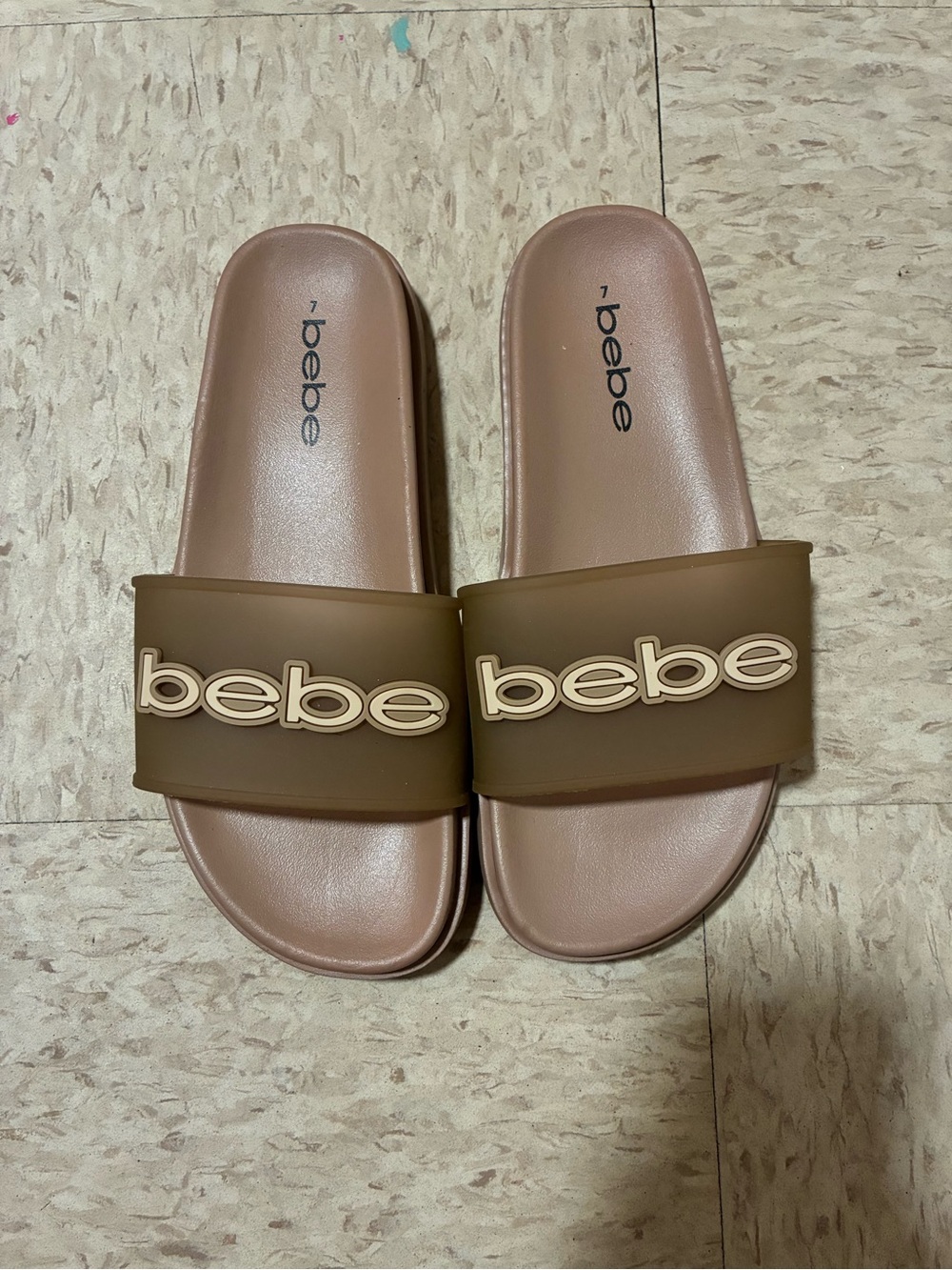 bebe Taupe/Brown Logo Slide Sandals